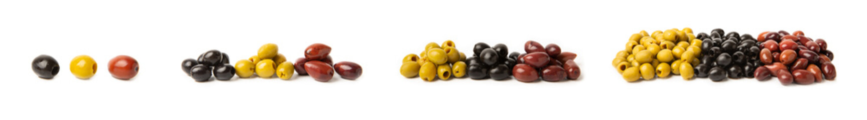 Set of green, red and black olives isolated on a white background. Various types of olives and...
