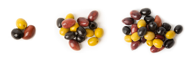 Fototapeta na wymiar Set of green, red and black olives isolated on a white background. Various types of olives and fresh olive leaves. flat lei. Delicacy. Close-up.