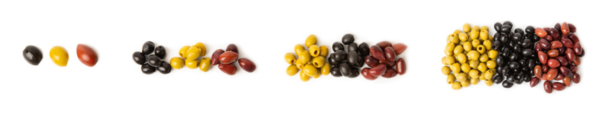 Set of green, red and black olives isolated on a white background. Various types of olives and fresh olive leaves. flat lei. Delicacy. Close-up. - obrazy, fototapety, plakaty