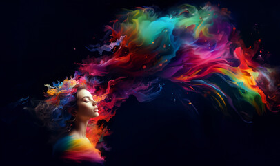 Beautiful fantasy abstract portrait of young woman With colorful digital paint splashes on empty...