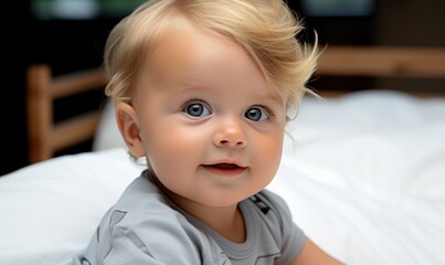 Portrait of cute smiling baby with blue eyes in bed in room before going to sleep. Happy childhood. - 650130512