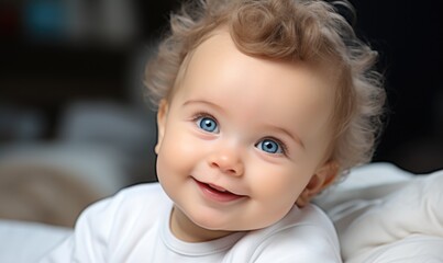 Portrait of cute smiling baby with blue eyes in bed in room before going to sleep. Happy childhood. - 650130514
