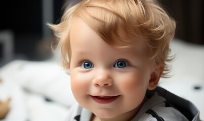 Portrait of cute smiling baby with blue eyes in bed in room before going to sleep. Happy childhood. - 650130519