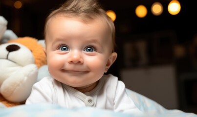 Portrait of cute smiling baby with blue eyes in bed in room before going to sleep. Happy childhood. - 650130521