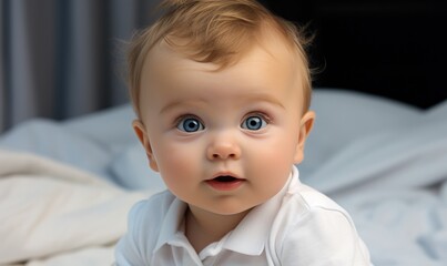 Portrait of cute smiling baby with blue eyes in bed in room before going to sleep. Happy childhood.