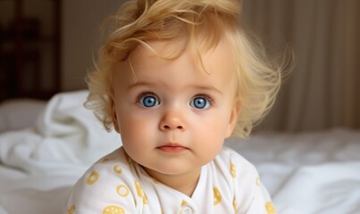 Portrait of cute smiling baby with blue eyes in bed in room before going to sleep. Happy childhood. - 650130523