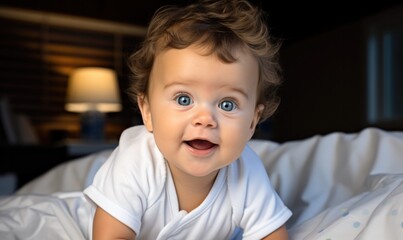 Portrait of cute smiling baby with blue eyes in bed in room before going to sleep. Happy childhood. - 650130535