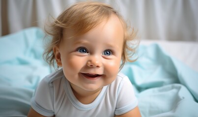 Portrait of cute smiling baby with blue eyes in bed in room before going to sleep. Happy childhood. - 650130536