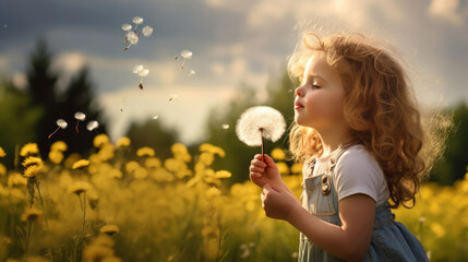 Girl with dandelions in a sunny flower meadow. Seasonal outdoor activities for children - obrazy, fototapety, plakaty