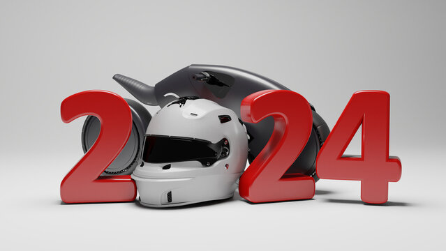 3d rendering of the new year's date 2024. Futuristic motorcycle and sports helmet. Illustration for sports-themed calendars. Motorcycle racing and the future.