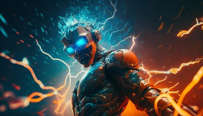 Poster Im Rahmen Exploding AI Metaverse Robot with Digital art style. Electric man superhero uses evil forces. © Gassenee