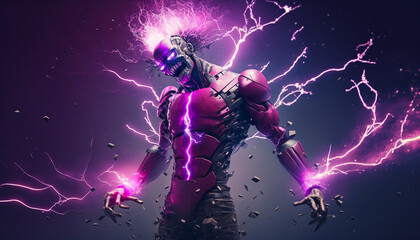 Exploding AI Metaverse Robot with Digital art style. Electric man superhero uses evil forces.