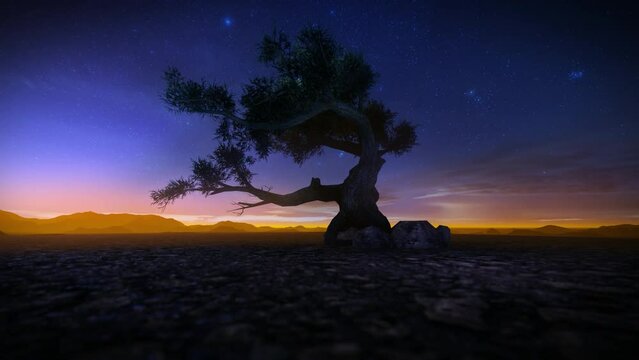 Solitary tree in the desert against starry sky, 4k
