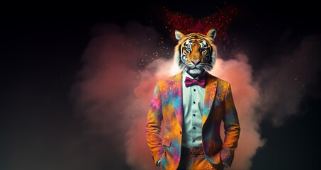 Front view of a tiger wearing a suit standing animated bur. AI Generative.