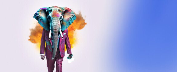 Front view of a elephant wearing a suit standing animated burs. AI Generative.