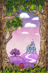 frame formed by cartoon trees for copy space with fantasy crystal castle in landscape