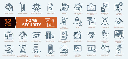 Home security icons pack includes both the security hardware placed on a property and security practices. Security hardware includes doors, locks, alarm systems and security cameras.