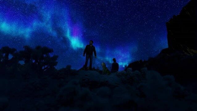 Couple and dog admiring the Aurora Borealis against starry sky, wide shot zoom in 