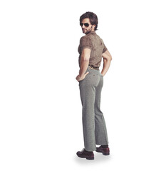 Man, fashion and pose with retro and isolated on a transparent png background. Canadian person,...