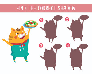 Find the right shadow. Game for kids. Activity, vector illustration. Cute coloured funny cat chef with pizza. Puzzle for children.
