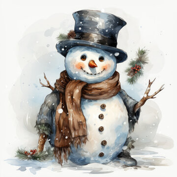 watercolor Snowman clipart, Generative Ai