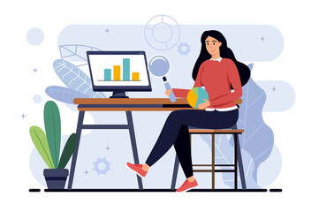 Data analysis minimalistic concept with people scene in the flat cartoon style. Employee checks and evaluates the analysis of various data.  illustration.
