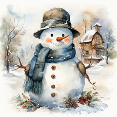 watercolor Snowman clipart, Generative Ai