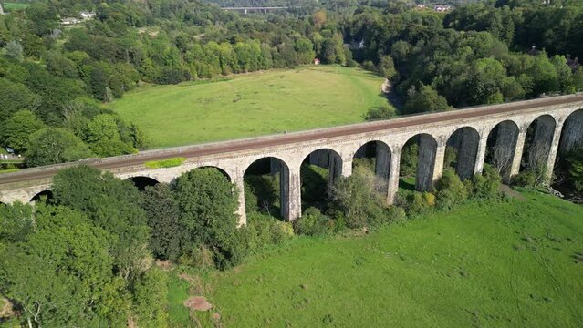 Chirk railway Viaduct - aerial drone reverse and anti-clockwise rotate, revealing countryside - Welsh, English border, Sept 23