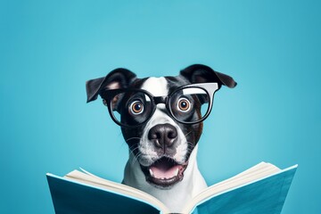 Cute funny dog reading book. Education concept. - obrazy, fototapety, plakaty