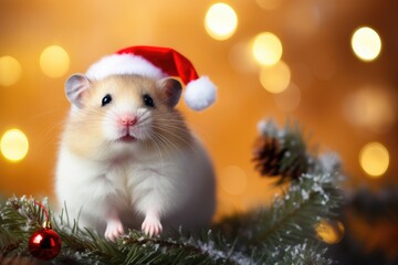 Hamster in santa hat and christmas tree with bokeh background