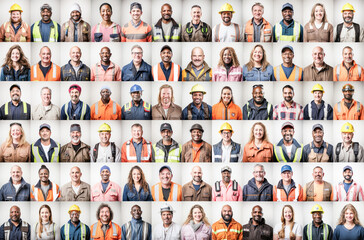 Photo collage portrait of multiracial smiling people with different ages and professions looking at camera. Mosaic of professional modern faces. 