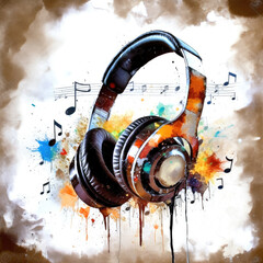 Headphones and notes, colorful splashes of paint as a metaphor for music