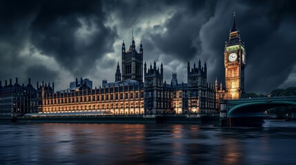 Fototapeta premium Palace of Westminster in the night, seen from the streets of London. United Kingdom Parliament building. Famous Tourist destination. The biggest London tourist attraction is, government symbol.