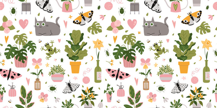 Seamless pattern with trendy potted plants, cat and butterflys, cartoon style. Houseplants for interior. Urban Cozy home gardening hobby. Modern vector illustration on white, hand drawn