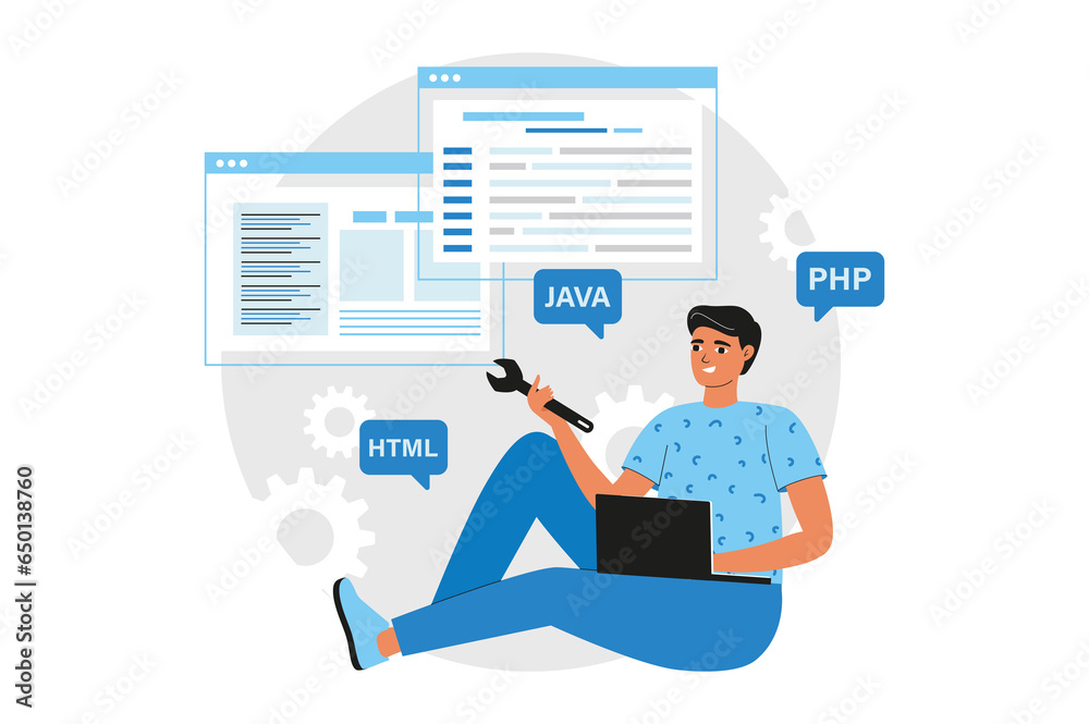 Poster blue concept programing software with people scene in the flat cartoon style. technician is working 