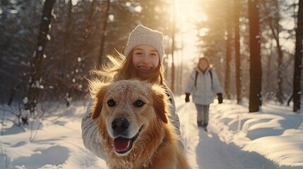 Woman in sheepskin coat and hat with golden retriever dog in snowy forest in winter