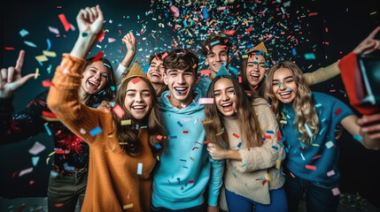 Group of Happy friends teenagers wearing Santa Claus costumes holding a glass of champion new year party