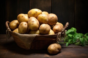 Fresh raw potatoes in basket on rustic oak board