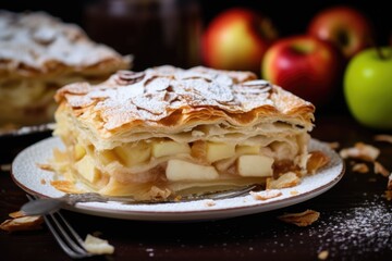 Closeup of apple strudel cake with raisins and powdered sugar