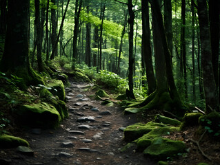 Photo of an abandoned path in a dense forest
