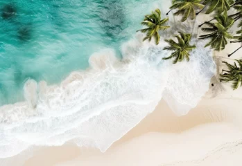 Fototapeten Beach with palm trees on the shore in the style of birds-eye-view. Turquoise and white plane view on beach aerial photography. © Marharyta