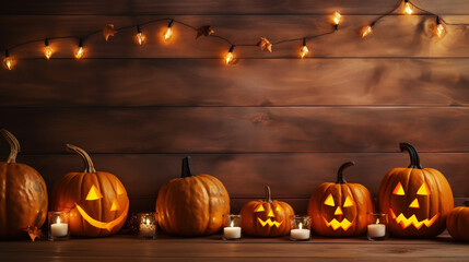 Fototapeta premium Row of jack-o-lantern pumpkins and candles on wooden table with wooden backdrop. Halloween background. Generative AI