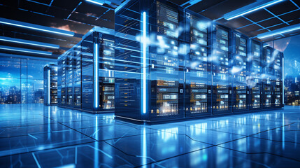 database server. super computer stores big data digital information. Hi tech technology background