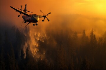 Fototapeta na wymiar Airplane firefighting of forest wildfire. Dangerous Ecological Emergency.