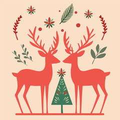 christmas card with deers and florals, celebration 