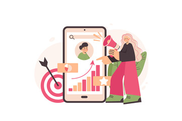 Marketing concept with people scene in the flat cartoon style. Marketer work on advertising of client services on the Internet.  illustration.