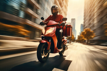 Food delivery boy on motorcycle, scooter moving fast to deliver parcel