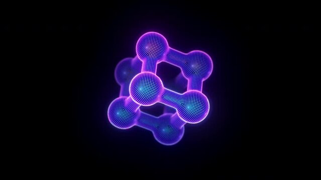 Rotating 3D glowing crystal cell made of neon particles on black background. Concept of chemistry research, future science and nanotechnology. Seamless sloop 4K animation of digital molecular model.