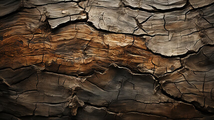 Charred wood bark brown texture. Detailed macro close-up view of tree burned scratched cork...