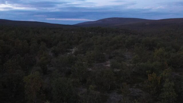 Aerial shot of mountains in Lapland, in the beginning of Kevo trail in Lapland, Finland.